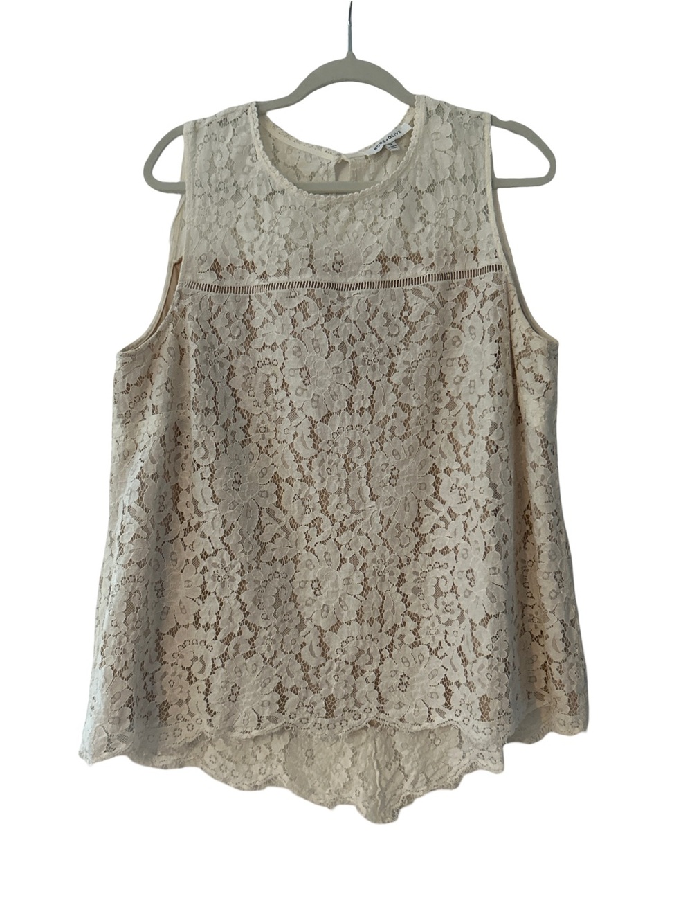 Rose + Olive Floral Lace Coquette Sleeveless Top Cream/Nude Lined Boho Plus 1X